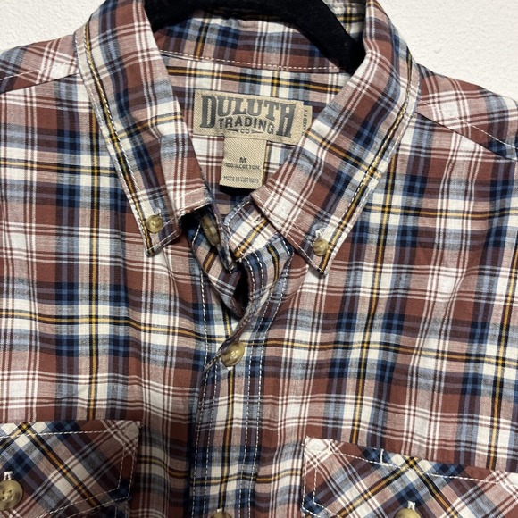 Duluth Trading Company Men’s M Button Down Shirt Relaxed Fit Plaid Brown Blue - Picture 2 of 3